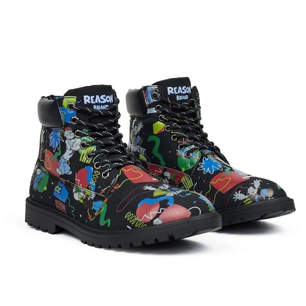 Popeye X Reason Collab Faux Suede Graffiti Print Boots Black Mens 10.5